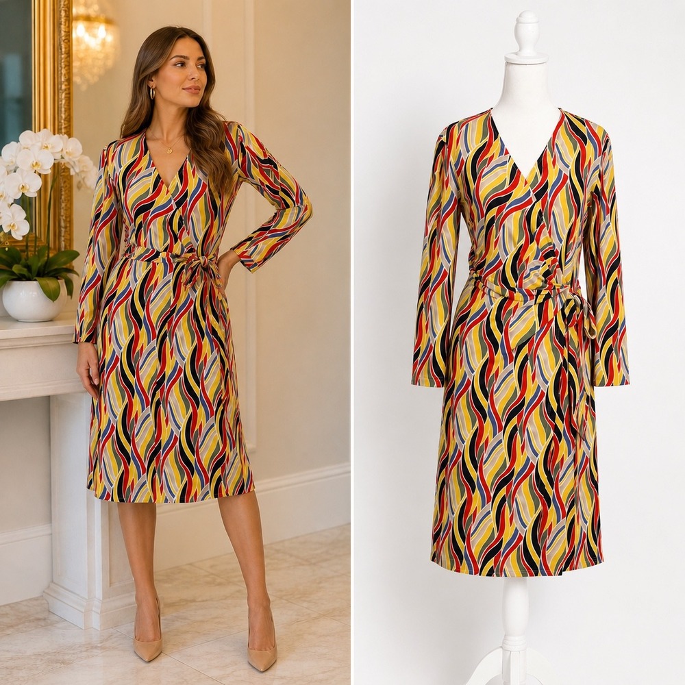 J.Crew 2 Faux Wrap Dress Multicolor Abstract Brunch Resort Knee Length Tie Waist